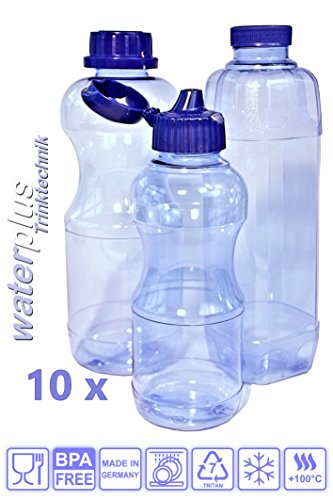 10 x Trinkflaschen aus TRITAN 4 x 0,5 Liter rund 3x 1,0 Liter rund und 3 x 1,0 Liter eckig / vierkant inkl. 6 x Standard-, 4 x Dicht-, 2 x Trinkdeckel ohne Weichmacher (BPA frei) ohne Schadstoffe aus Deutschland Geruchsfrei und Geschmacksneutral