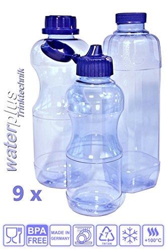9 x Trinkflaschen aus TRITAN 3 x 0,5 Liter rund 3x 1,0 Liter rund und 3 x 1,0 Liter eckig / vierkant inkl. 5 x Standard-, 4 x Dicht-, 2 x Trinkdeckel ohne Weichmacher (BPA frei) ohne Schadstoffe aus Deutschland Geruchsfrei und Geschmacksneutral